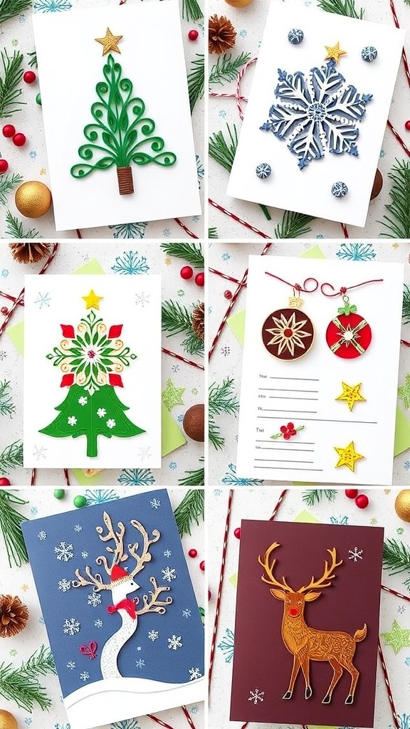 A display of creative paper quilling Christmas cards with festive designs.